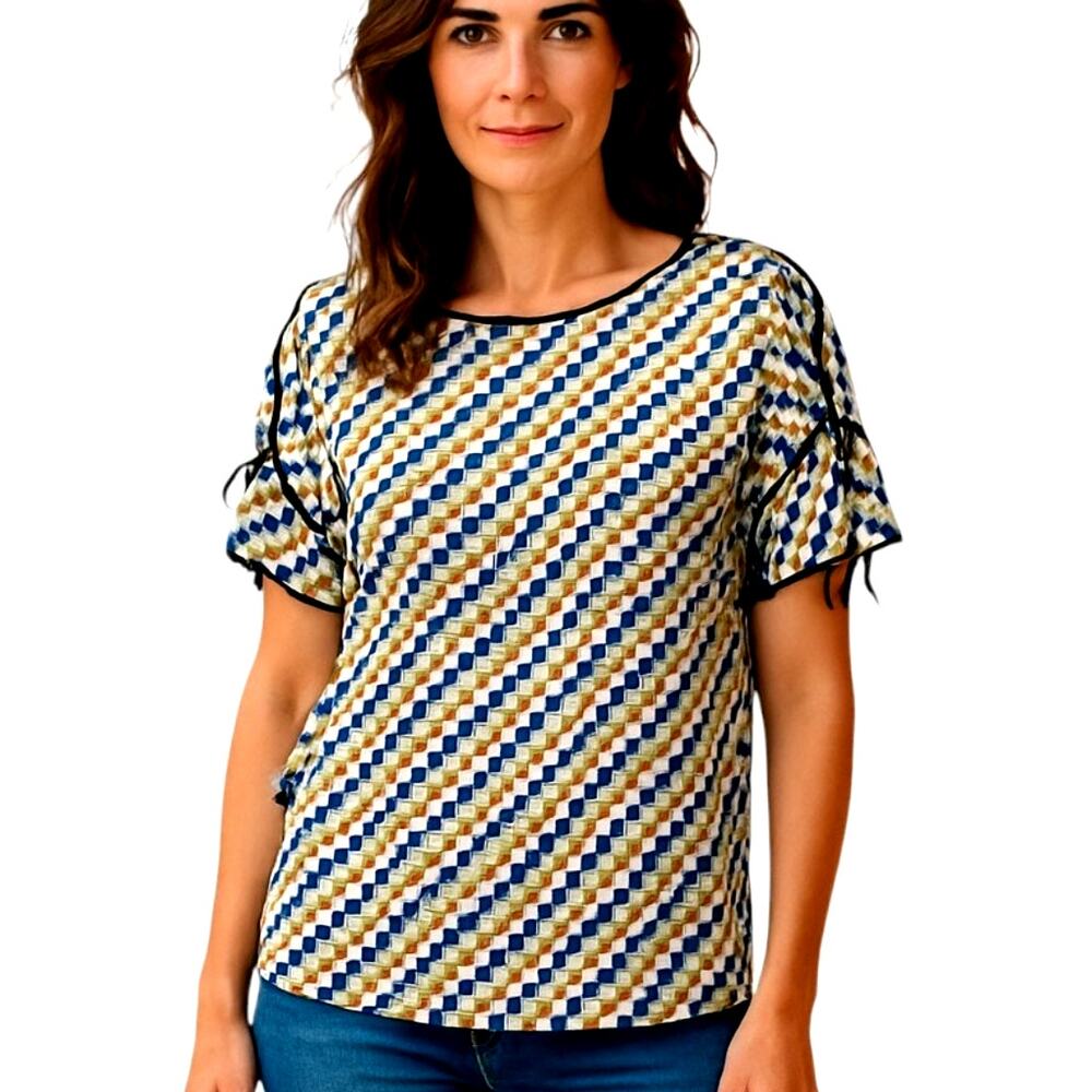 DKNYC Large Short Sleeve Black Check Women's Top Shirt Blouse Miss Size 10 12 L
